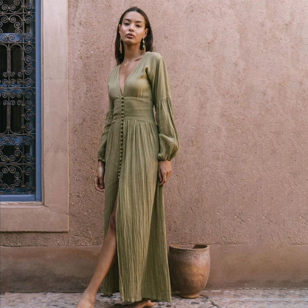 Abito lungo da donna Sadie – Abito estivo color cachi in 100% cotone con eleganti bottoni e dettagli plissettati