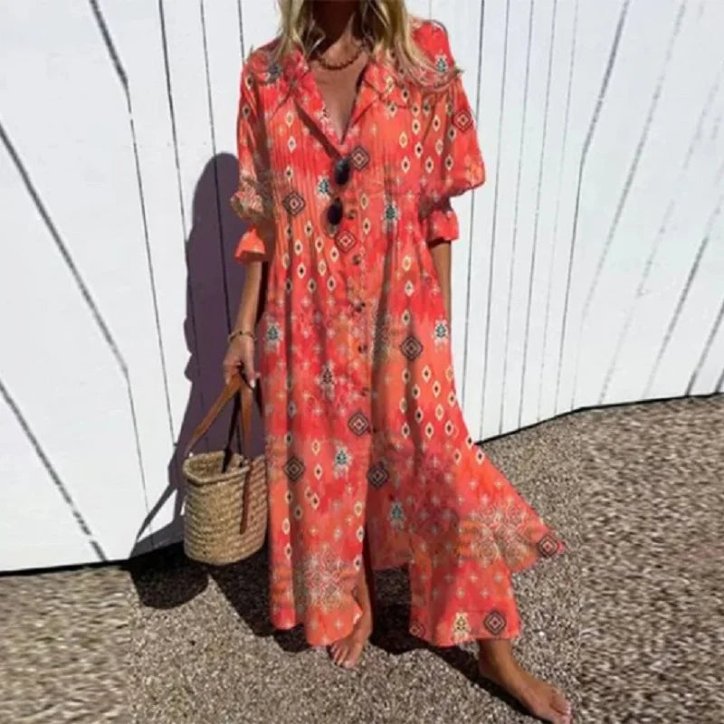 Abito lungo bohémien da donna Melissa - Scollo a V profondo, silhouette fluida e leggera per l'estate
