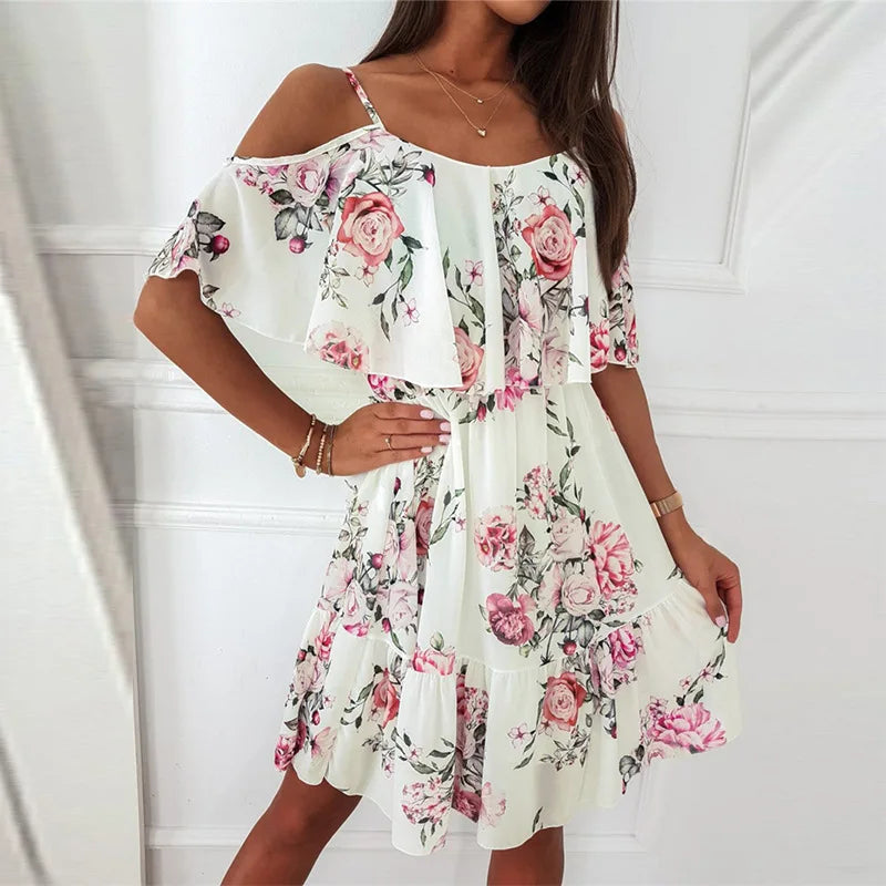 Abito estivo da donna Catalina - Abito floreale con scollatura a spalle scoperte e look romantico
