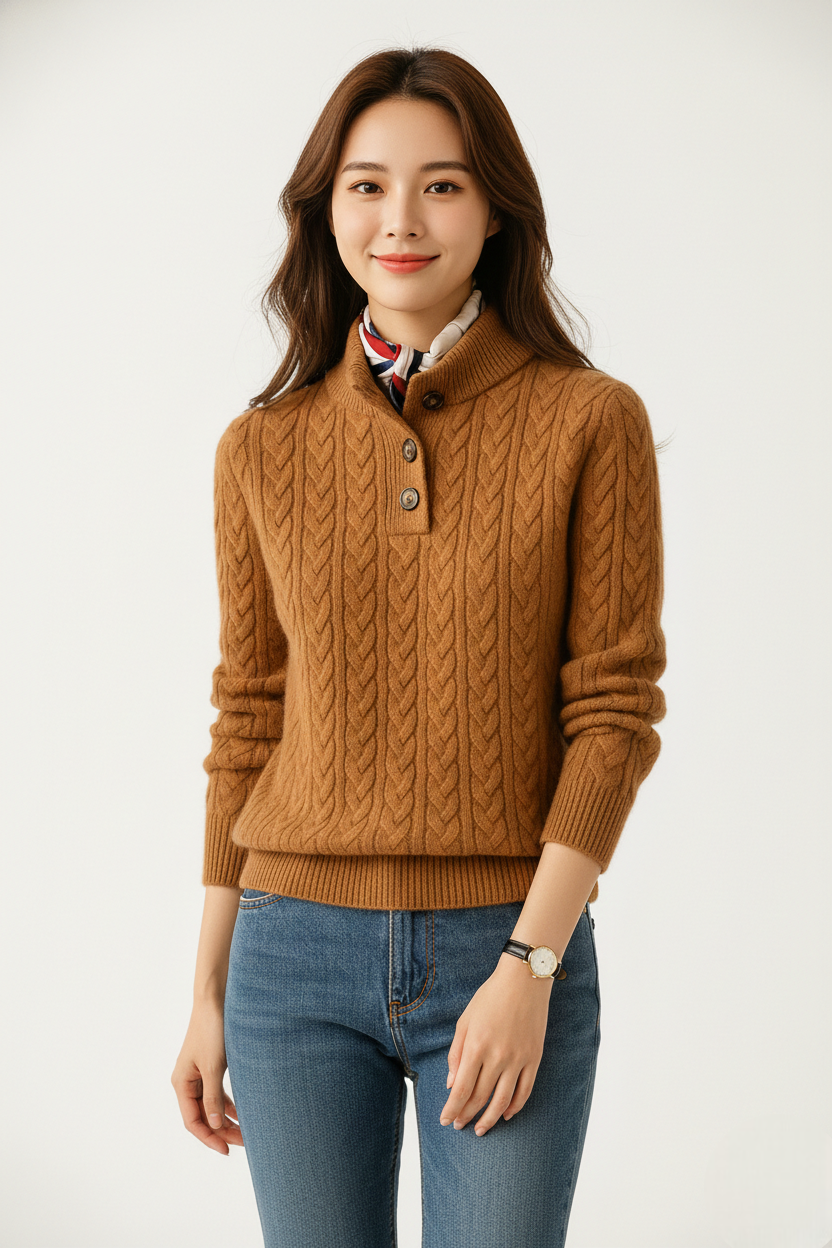 Sharmaine Dames Trui Met Knopen – Zachte Kabelgebreide Trui Met Elegante Kraag