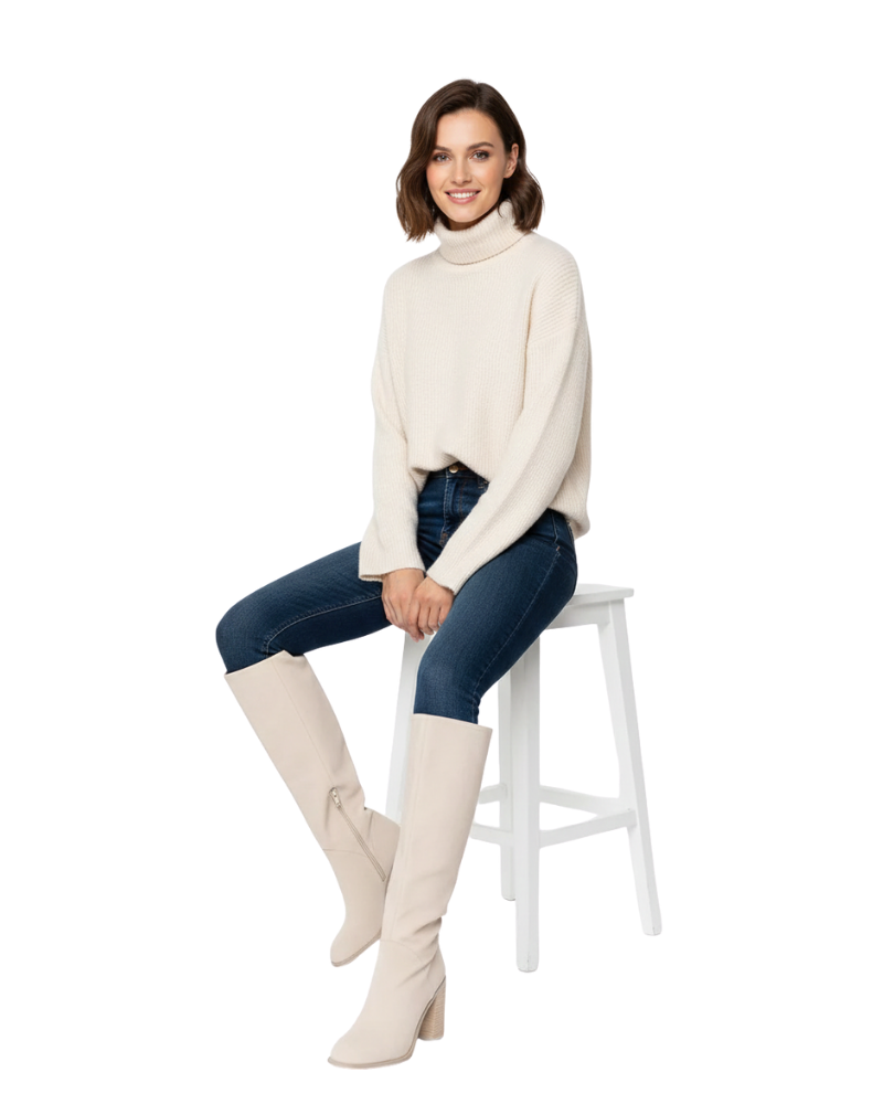 Noemie Bottes Hautes Femme Beige – Bottes Élégantes Confortables en Similicuir avec Coupe Ajustée