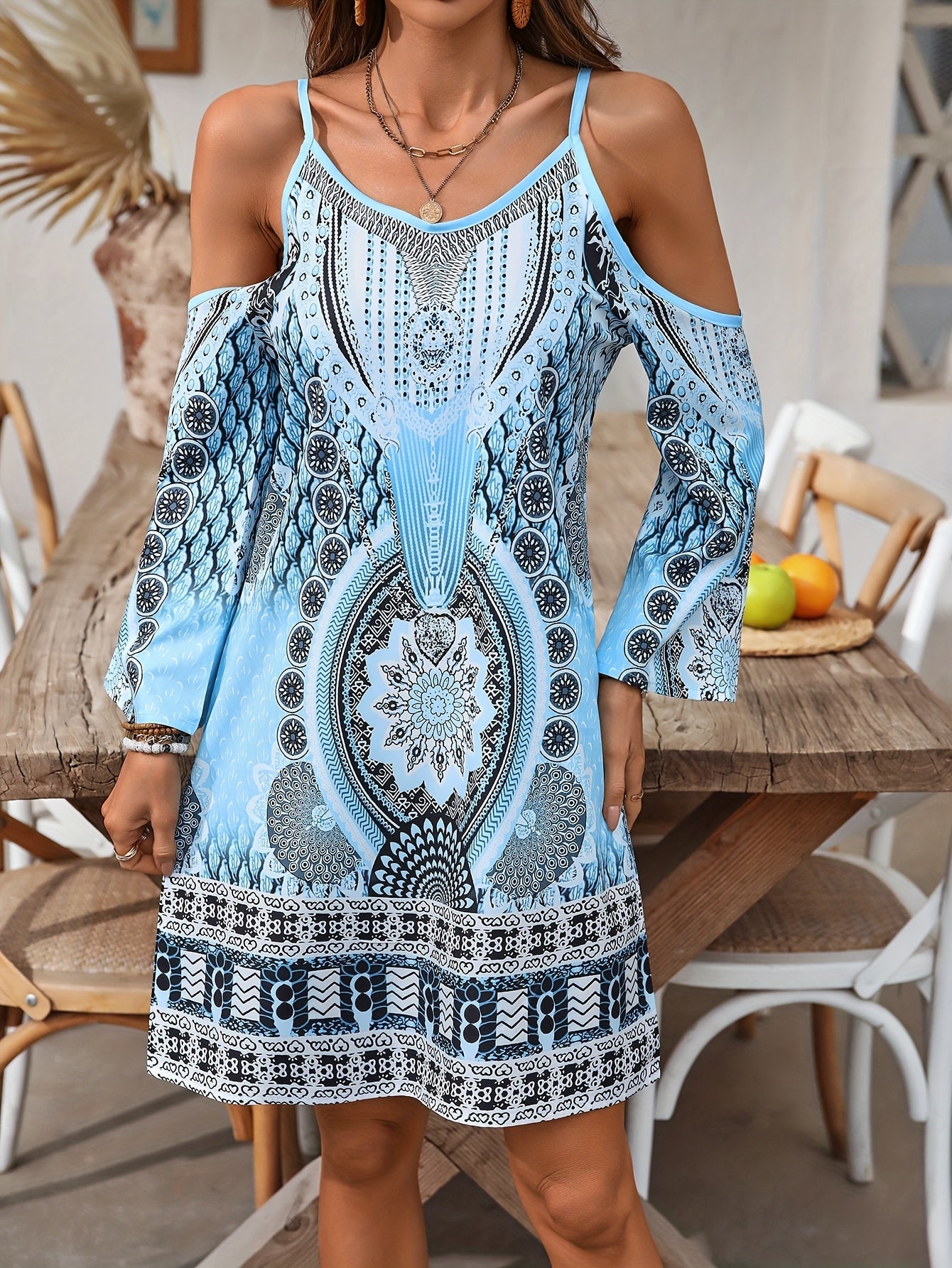 Abito da donna Soleandra - Abito midi bohémien senza maniche con stampa vintage chic estiva