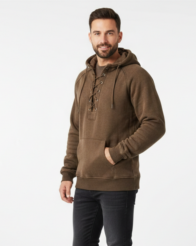 Pánska mikina s kapucňou Quintan v retro štýle – hrubá látka, šnurovanie a vonkajší štýl