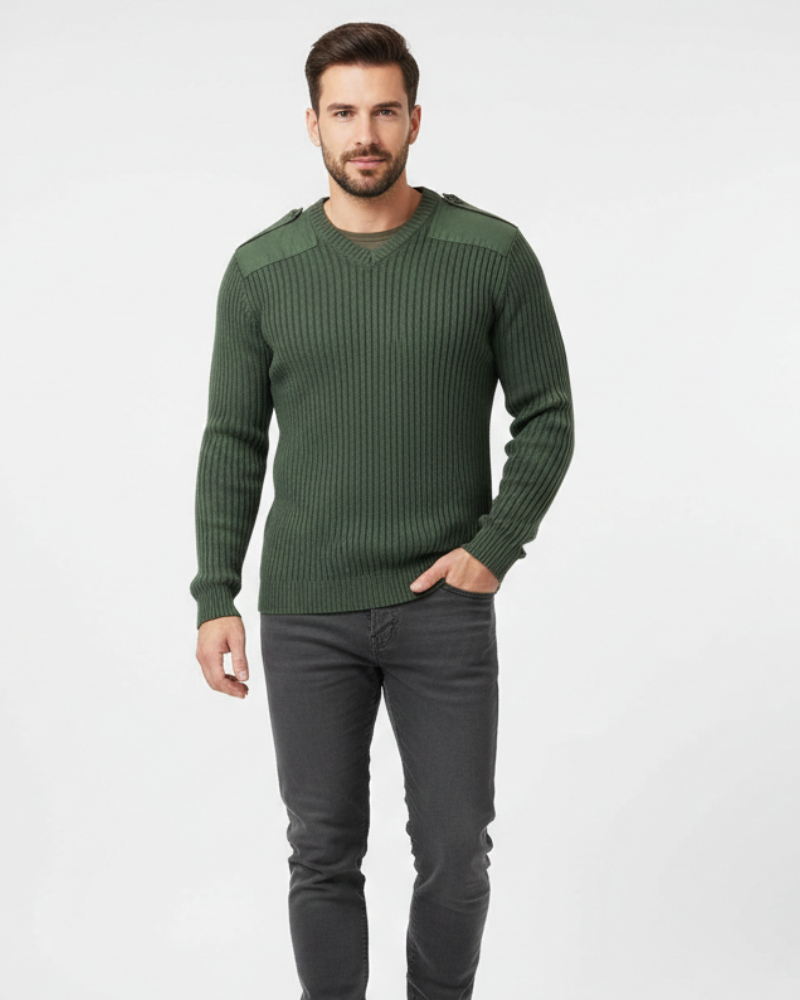 Cormac Pull Militaire Homme Col V – Maille Côtelée, Épaules Renforcées & Style Outdoor