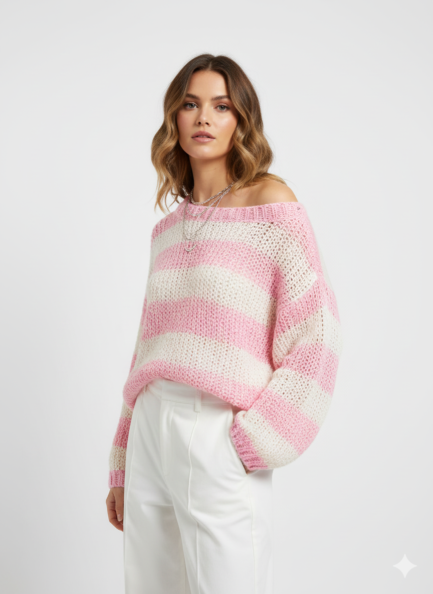 Women's Oversized Striped Sweater – Soft Knit with Loose Fit, Round Neck & Comfortable Style