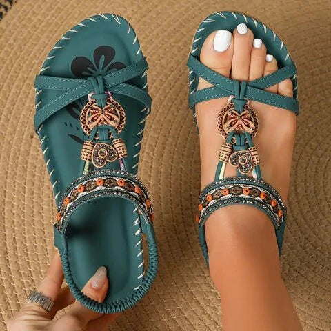 Sandali da donna Lainey - Eleganti sandali boho con suola piatta e look etnico naturale