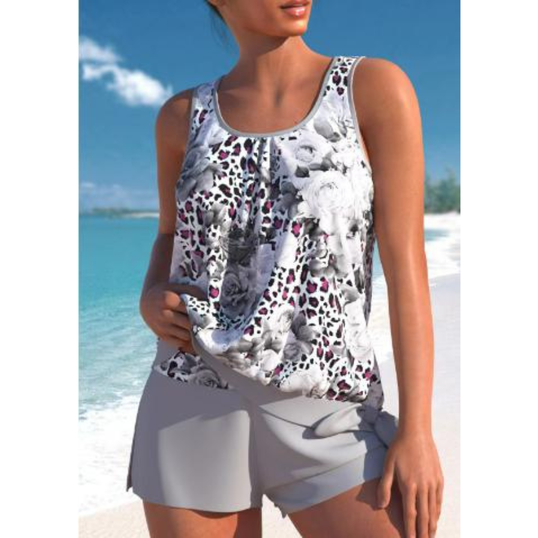 Tankini da donna Adalina - Costume da bagno con stampa floreale, pantaloncini e comoda vestibilità senza maniche
