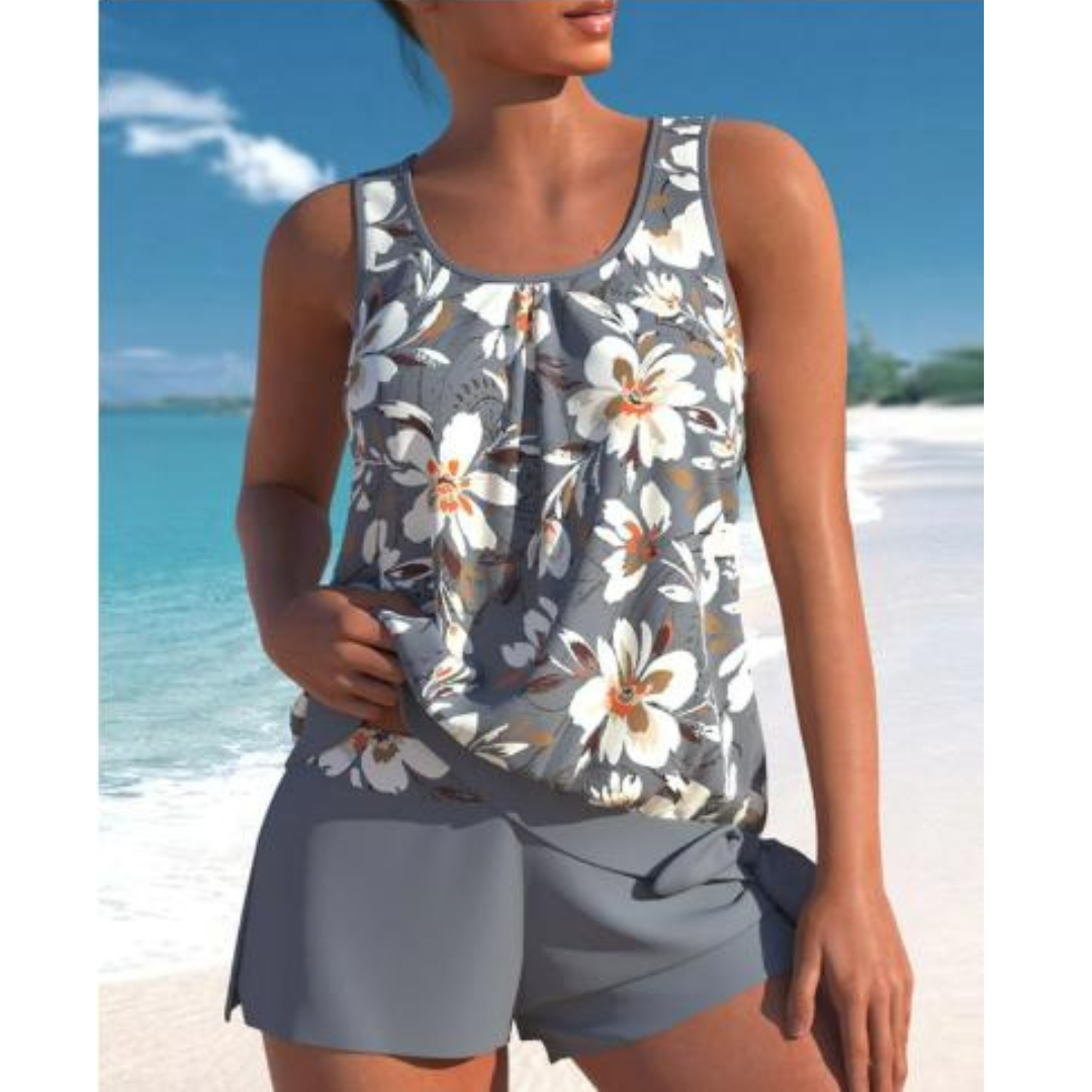 Tankini da donna Adalina - Costume da bagno con stampa floreale, pantaloncini e comoda vestibilità senza maniche