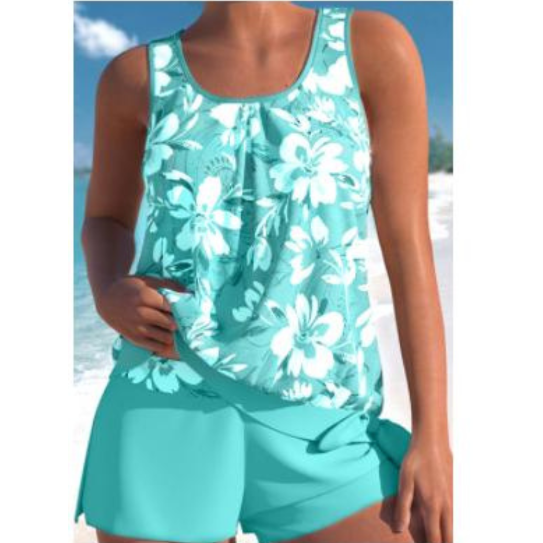 Tankini da donna Adalina - Costume da bagno con stampa floreale, pantaloncini e comoda vestibilità senza maniche