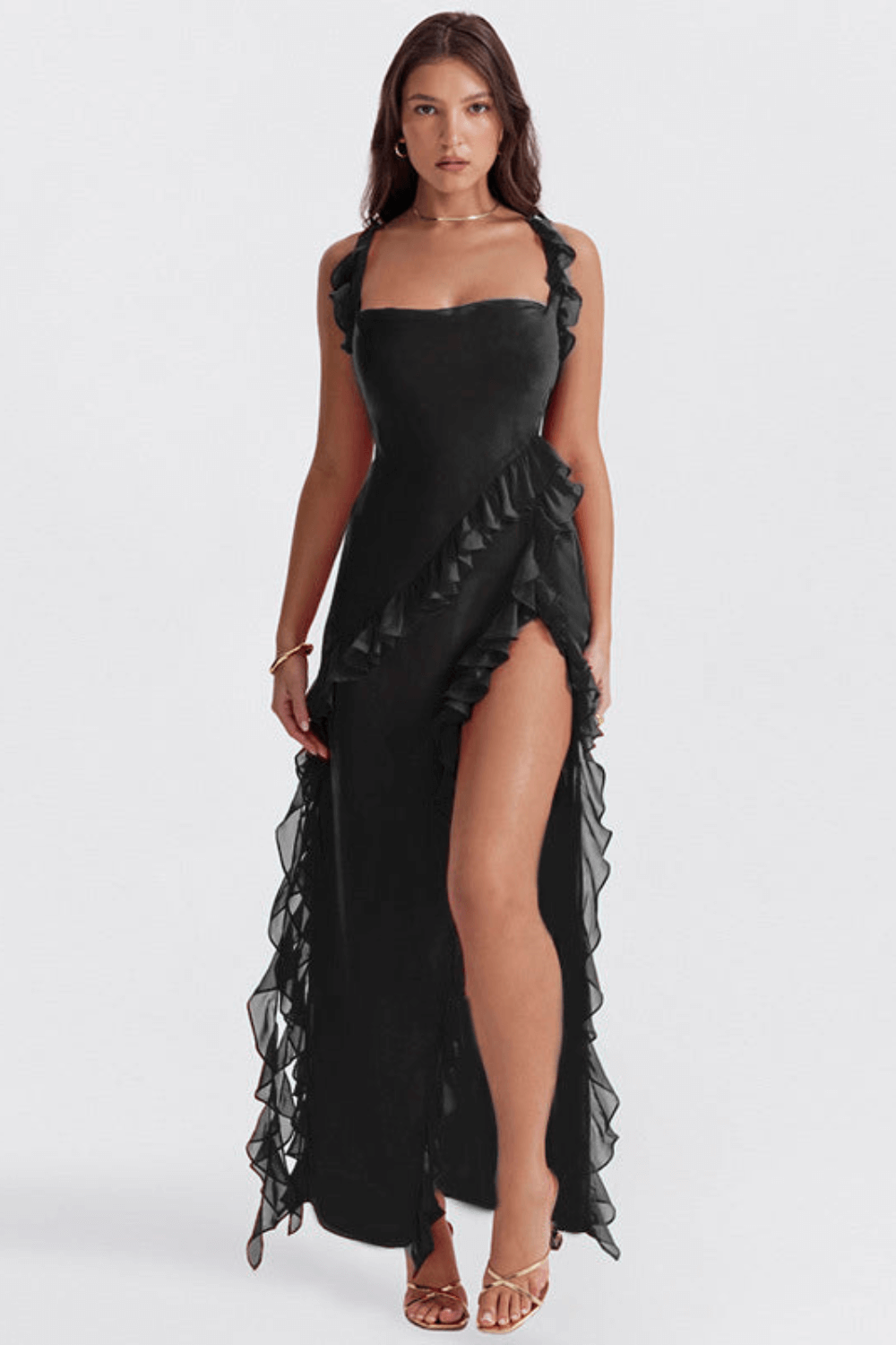Agathe Robe Longue Femme – Robe Élégante en Georgette avec Col Bénitier & Fente Haute Chic