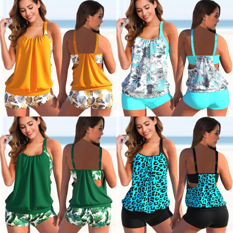 Completo tankini da donna Liana - Top floreale e slip leopardato, stile comodo ed estivo