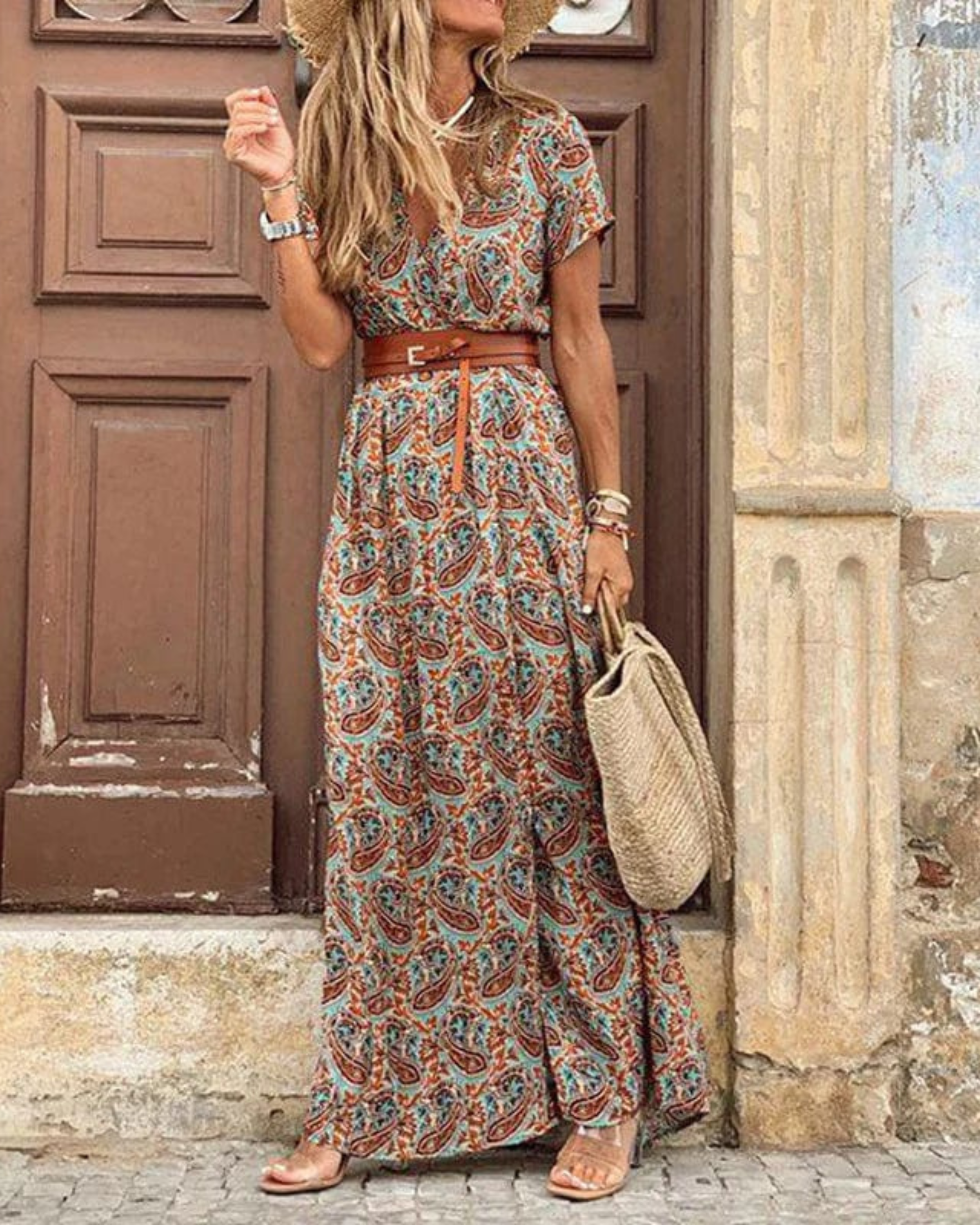 Abito lungo da donna Sanne - Abito estivo bohémien con stampa Ibiza, scollo a V e vita elastica 