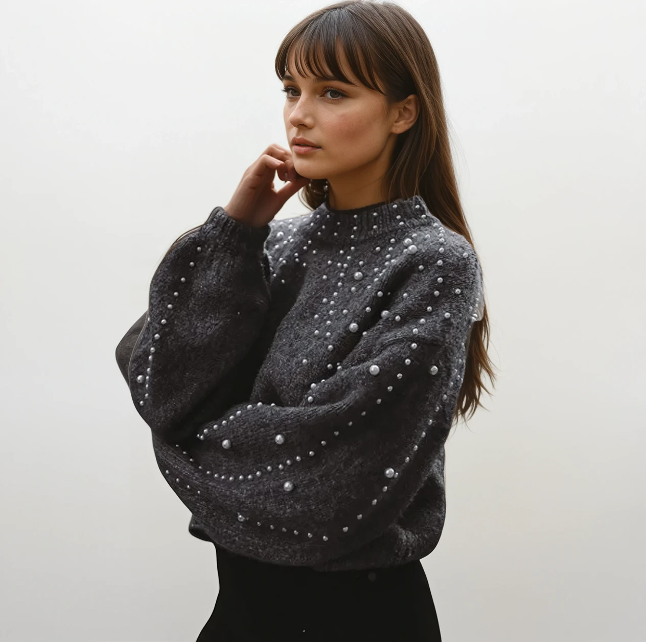 Valery Aureli Maglione Donna Elegante con Perle – Maglia Morbida con Maniche a Sbuffo Chic Inverno