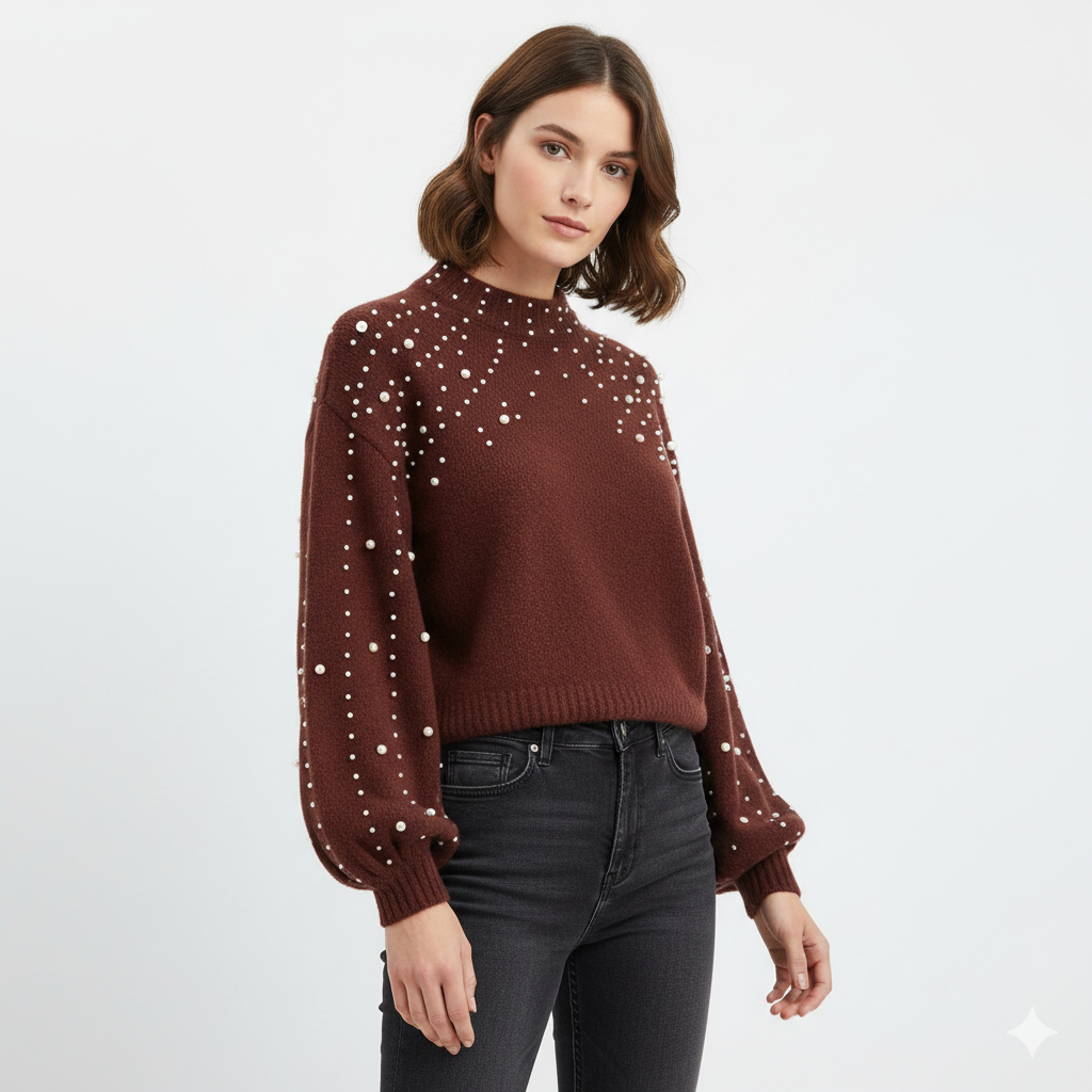 Valery Aureli Dámský Elegantní Svetr s Perličkami – Měkká Pletenina s Elegantními Balonovými Rukávy na Zimu