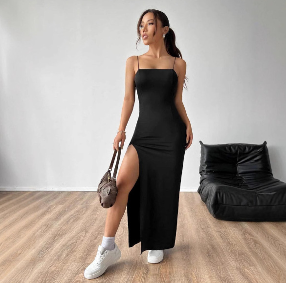 Abito lungo da donna Valessia - Elegante abito estivo senza maniche con spacchi e taglio sexy e fluido