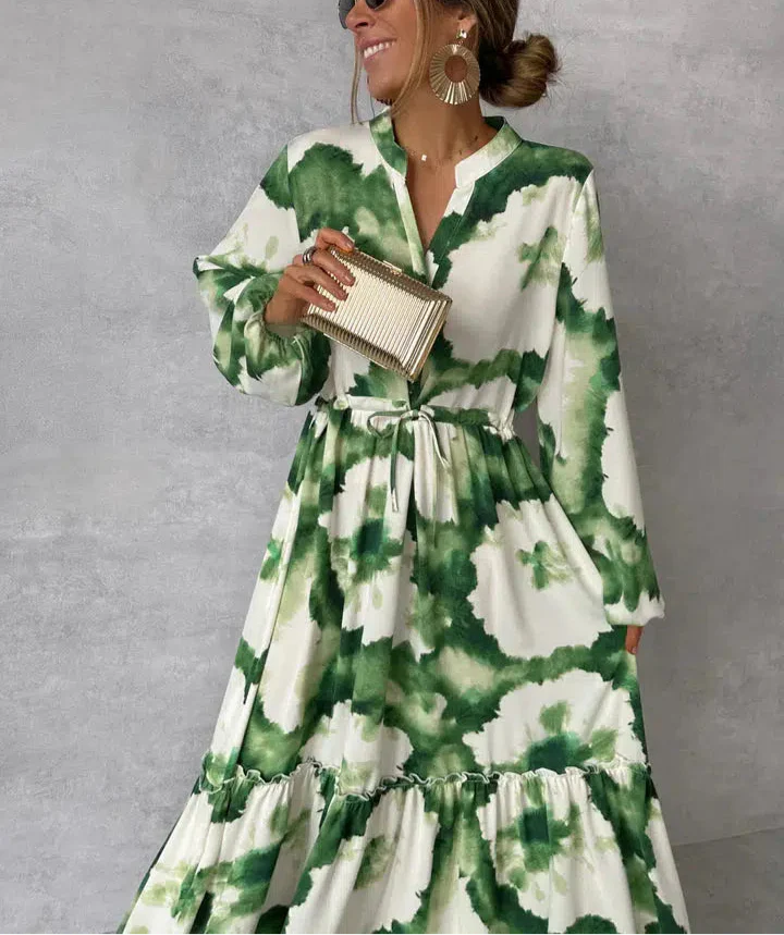 Abito lungo da donna Zia - Elegante abito verde con maniche lunghe e versatile scollatura a V profonda