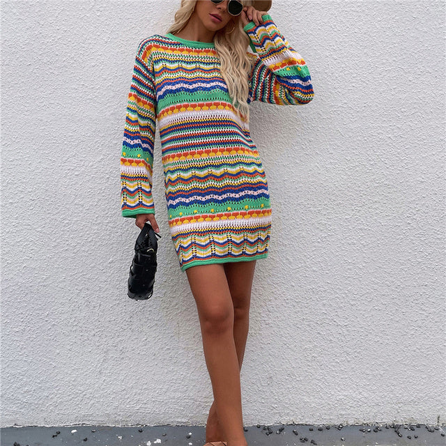 Robe Femme Pia – Robe Bohème en Maille pour l’Hiver avec Manches Longues et Motifs Colorés