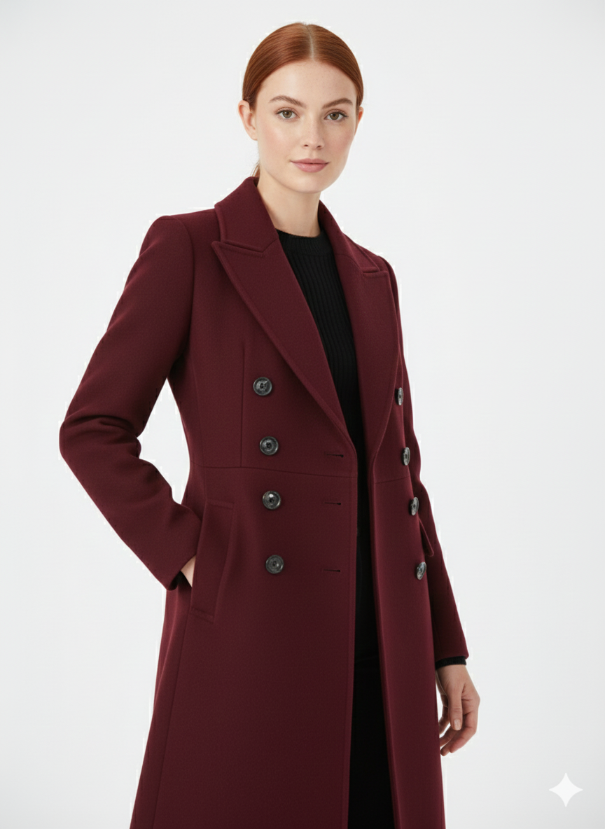 Vian Manteau Long Femme – Manteau en Laine à Revers Élégant & Double Boutonnage