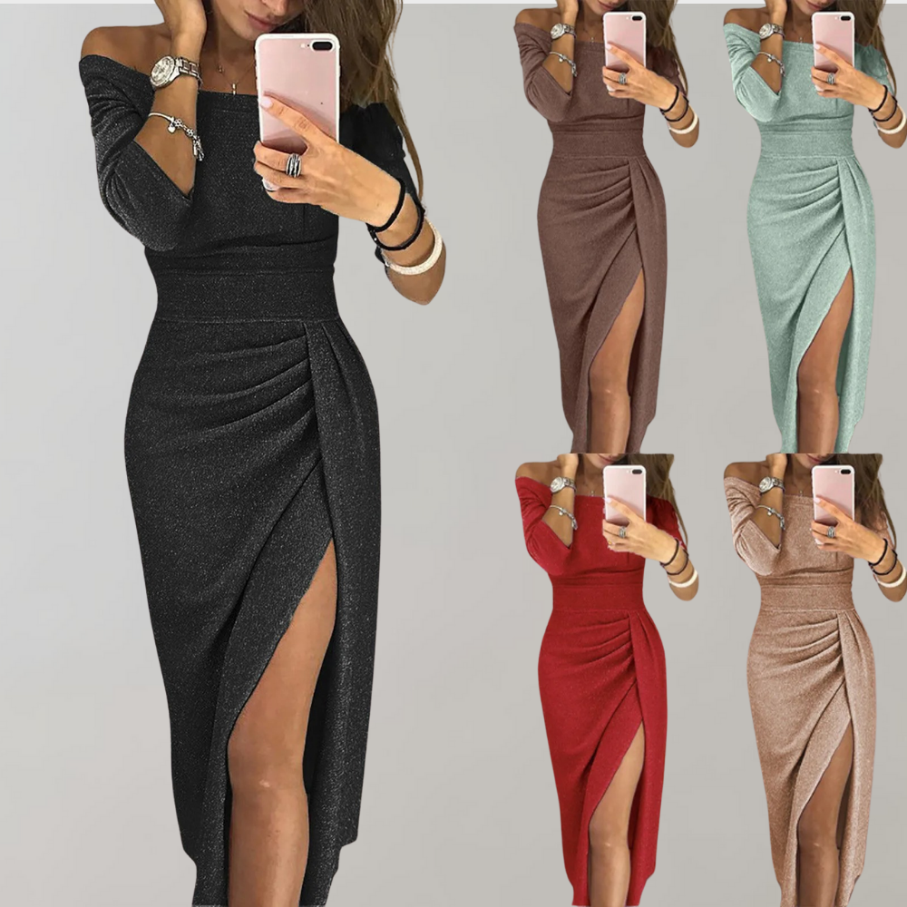 Robe Pailletée Vilja pour Femme – Robe Longue à Manches Courtes avec Détails Brillants pour Occasions Festives