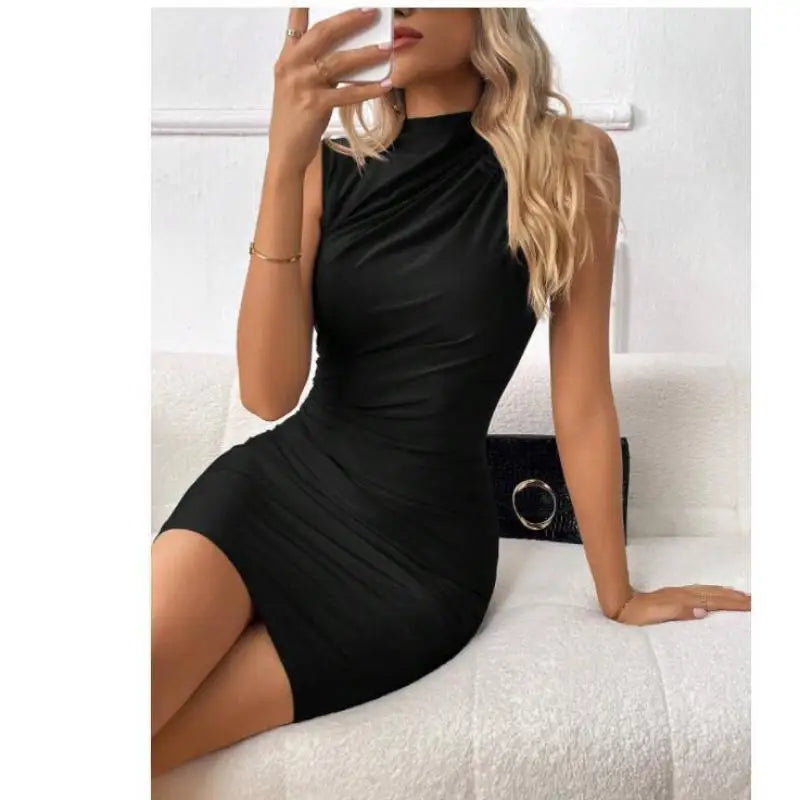 Thalia Robe Femme Bodycon – Robe Noire Sans Manches avec Encolure Élégante pour Soirée & Dîner