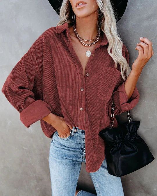 Ainsley Chemise Femme – Chemise Vintage Décontractée en Velours Côtelé Doux avec Poche Poitrine