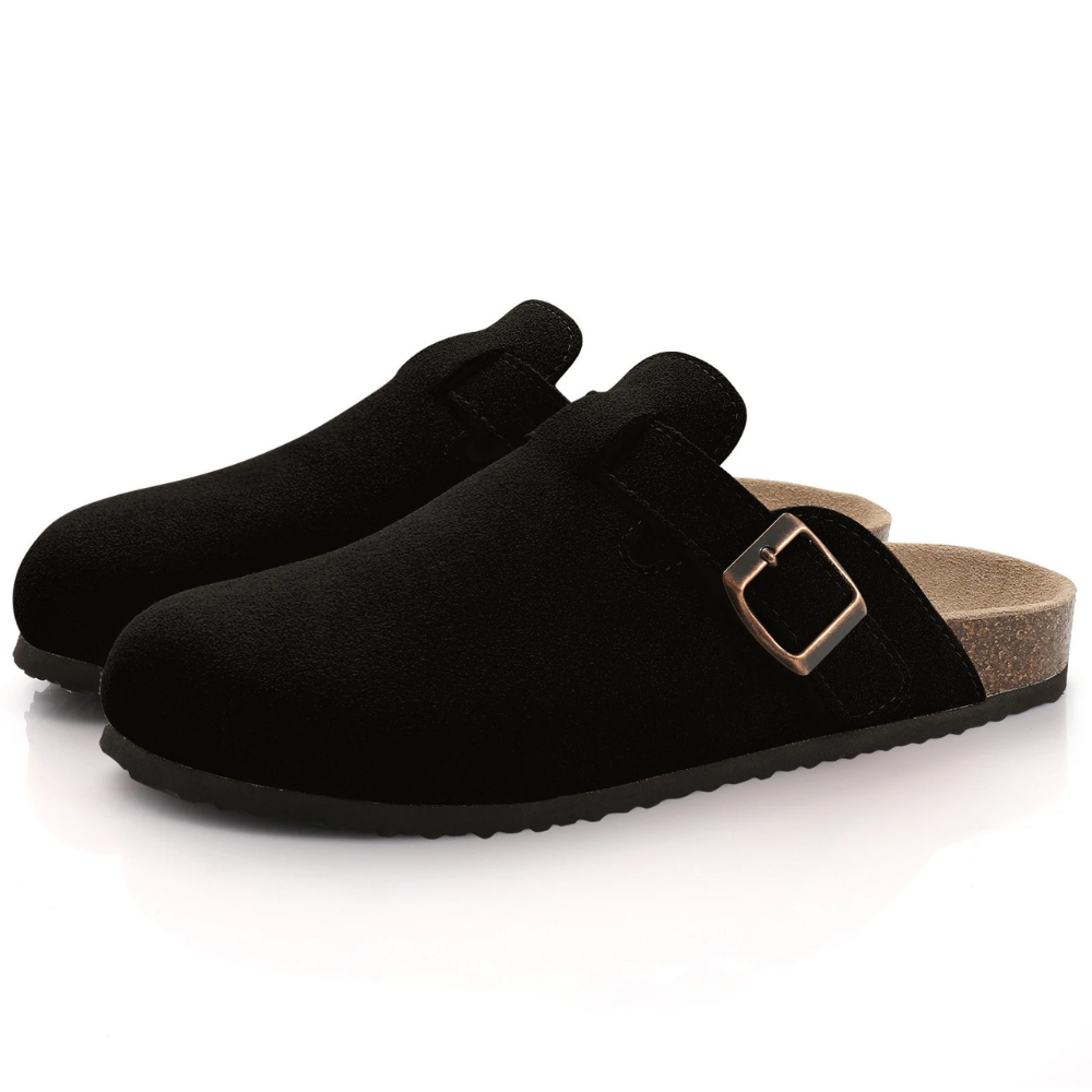 Zoccoli da donna Leana - Slip-on in pelle scamosciata con fibbia regolabile e suola anatomica e confortevole