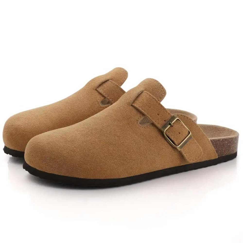 Zoccoli da donna Leana - Slip-on in pelle scamosciata con fibbia regolabile e suola anatomica e confortevole