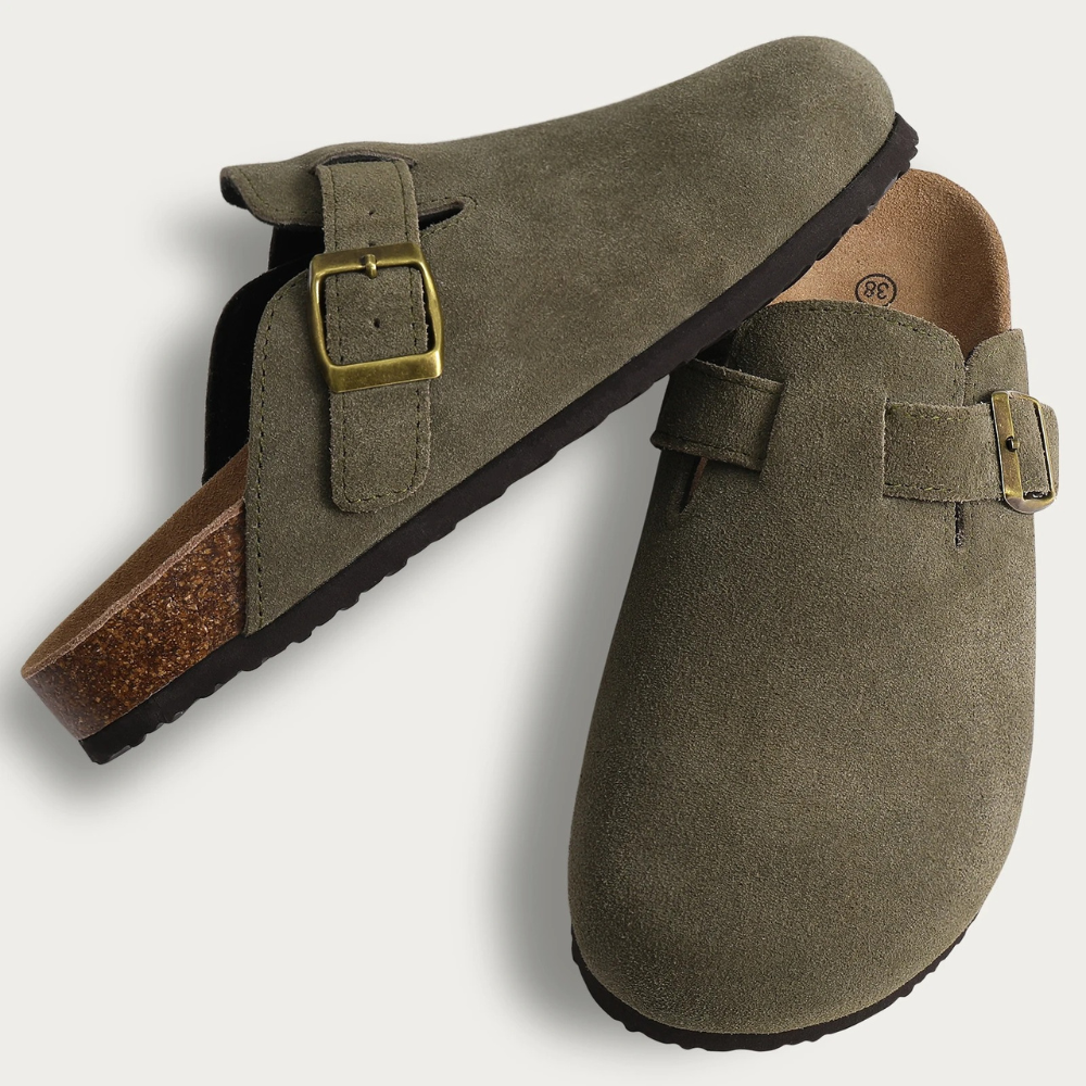 Zoccoli da donna Leana - Slip-on in pelle scamosciata con fibbia regolabile e suola anatomica e confortevole
