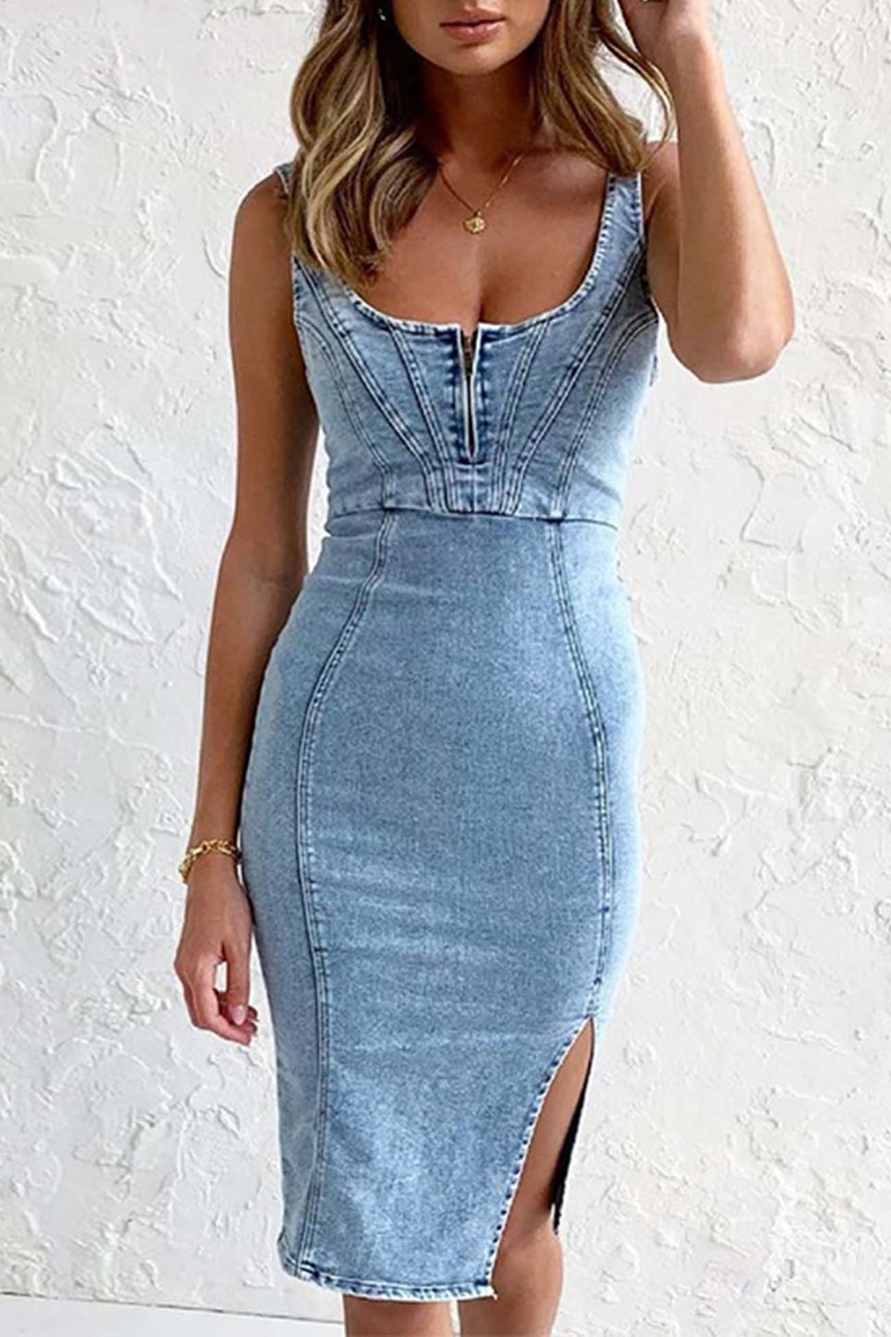 Abito in denim da donna Reah - Abito midi in denim con cerniera, spacco e finitura alla moda