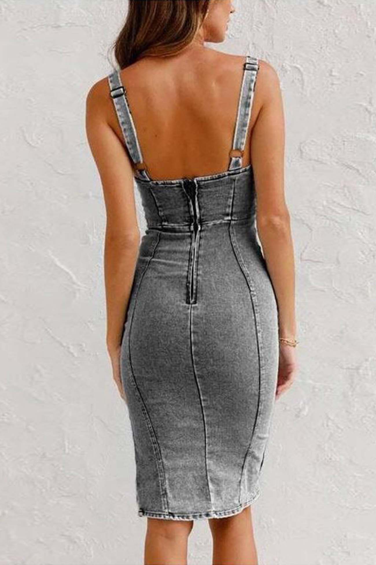 Abito in denim da donna Reah - Abito midi in denim con cerniera, spacco e finitura alla moda
