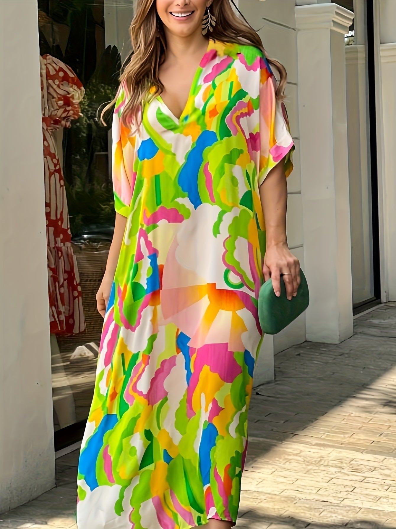 Abito caftano da donna Oaklynn - Abito caftano lungo leggero con stampa multicolore e look estivo