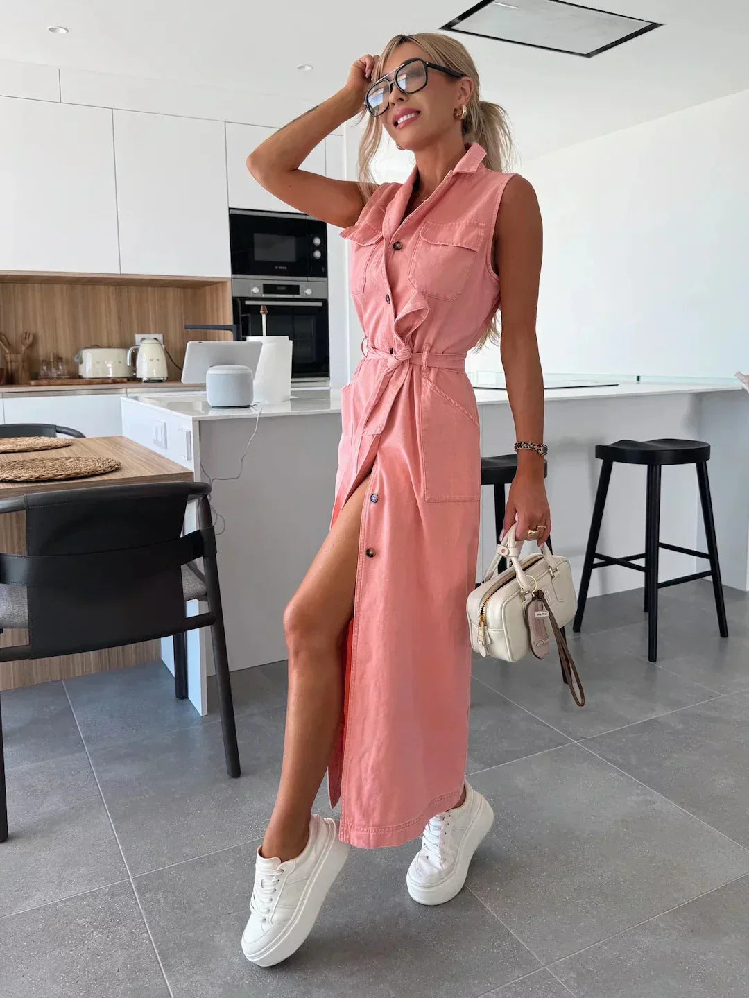 Mirella Robe Longue en Jean – Maxi Dress en Denim Souple avec Bretelles Réglables