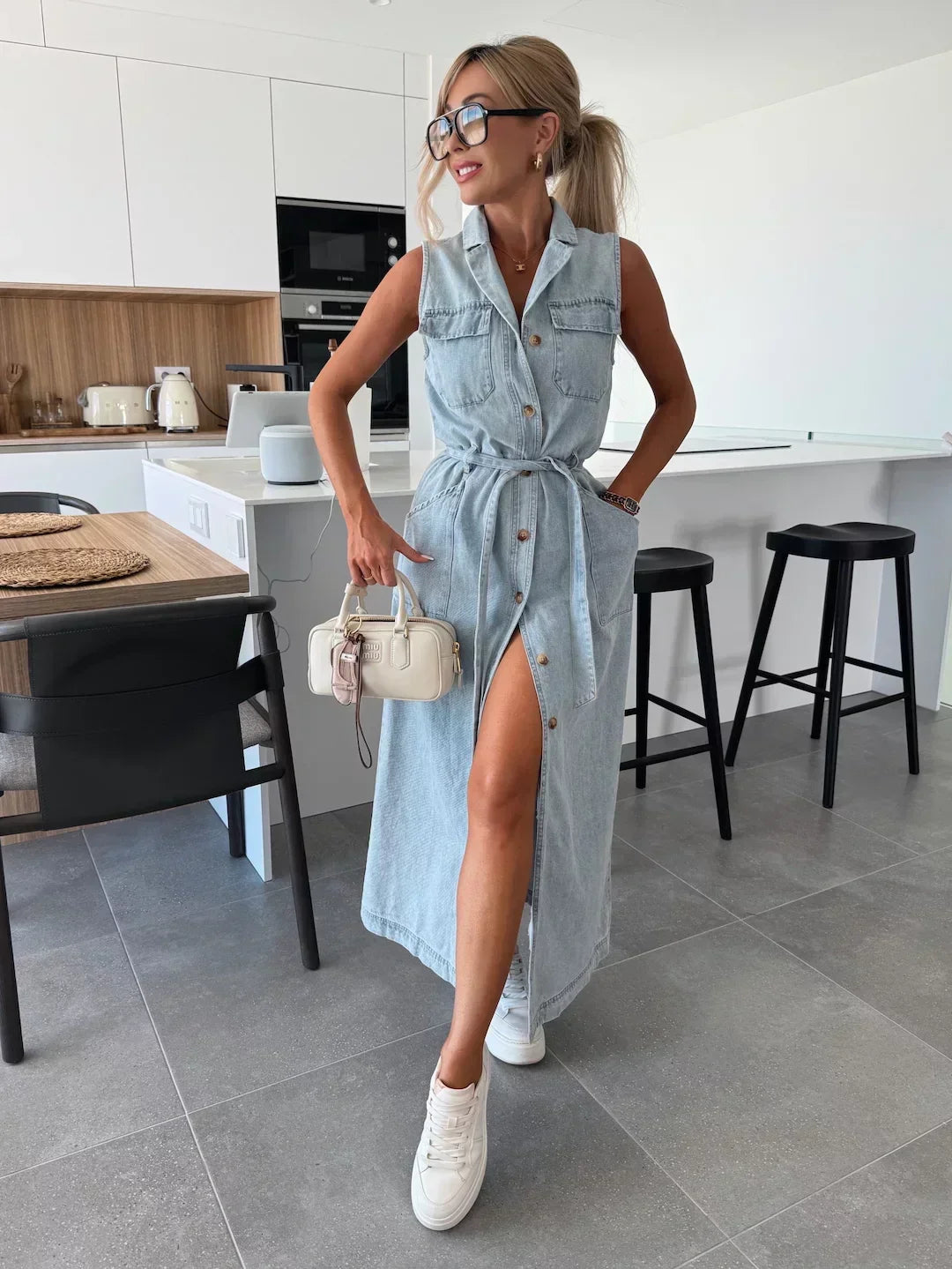 Mirella Robe Longue en Jean – Maxi Dress en Denim Souple avec Bretelles Réglables