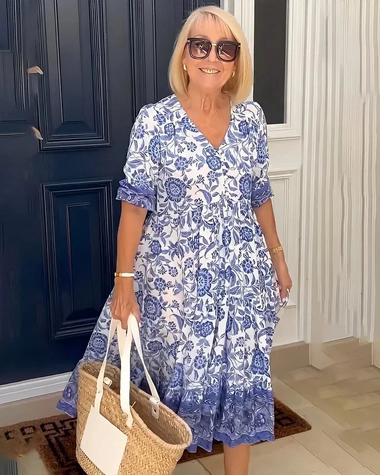 Abito lungo da donna Floresia - Elegante e comodo abito floreale con scollo a V per l'estate