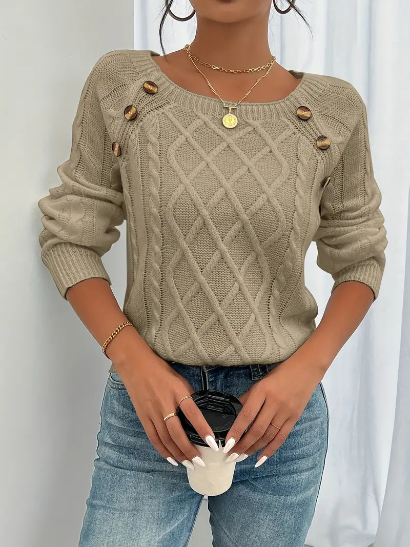 Anaiah Pull Femme Hiver avec Boutons – Élégant, Confortable & Respirant en Coton Polyester