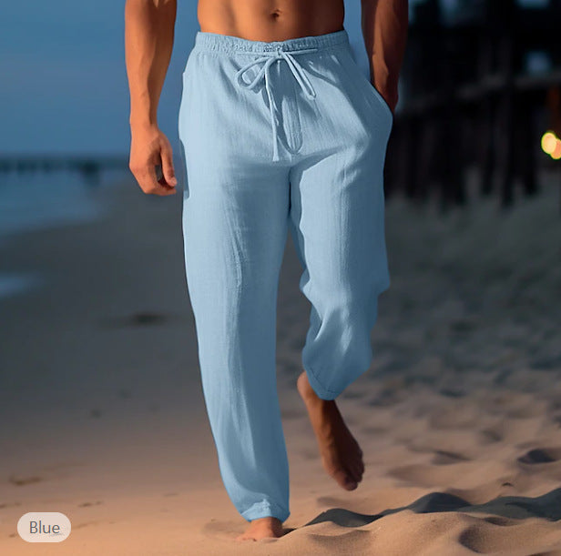 Pantaloni da spiaggia da uomo Sean - Pantaloni estivi in ​​lino azzurro traspiranti con coulisse
