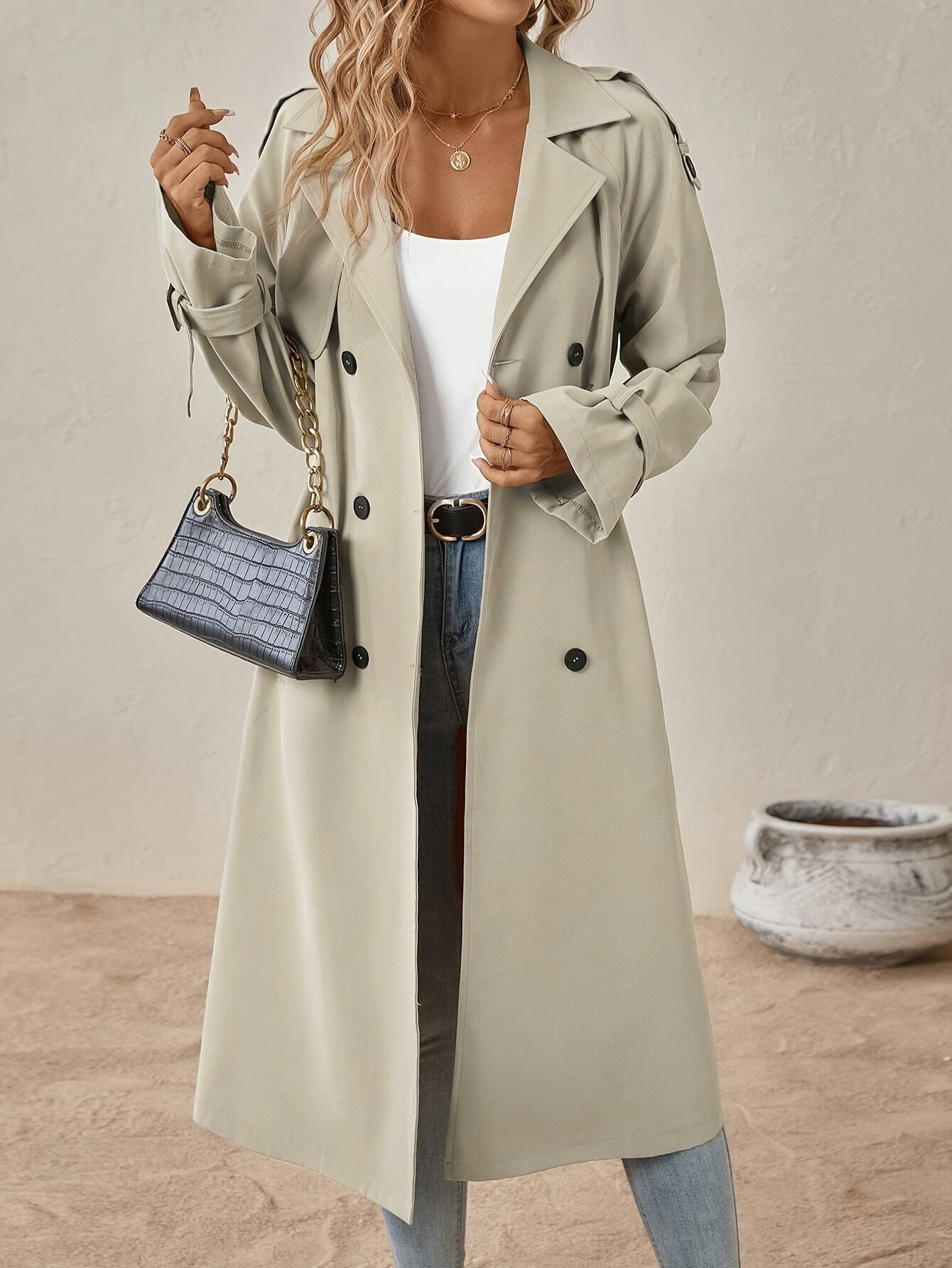 Eshita Trench pour femme – Manteau long élégant en mélange de coton avec coupe structurée & fermeture à boutons