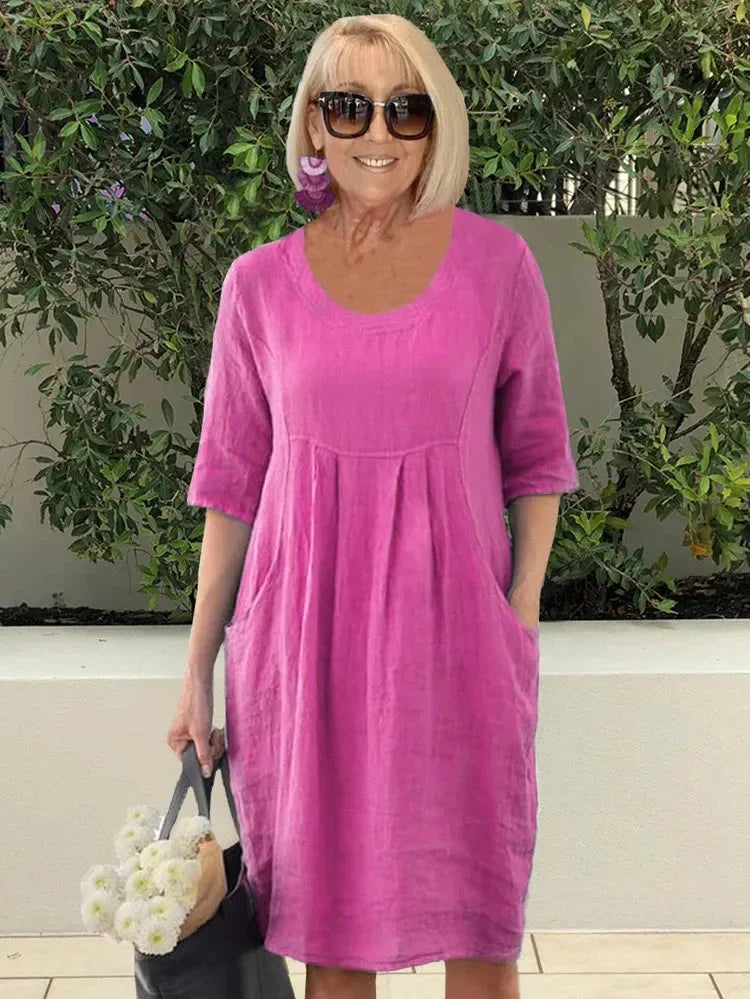 Abito da donna Dorothy - Tunica midi in cotone e lino con tasche pratiche e stile casual