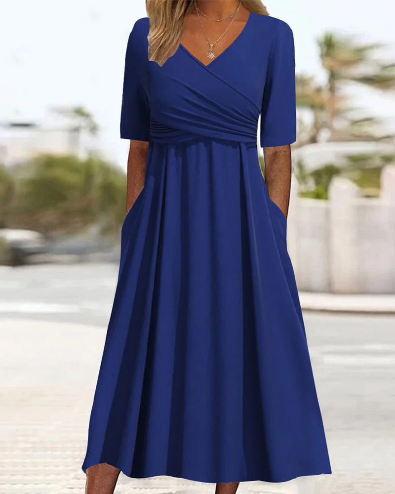 Abito midi da donna Marley - Abito in cotone a trapezio con scollo a V, pieghe e tasche per tutte le occasioni