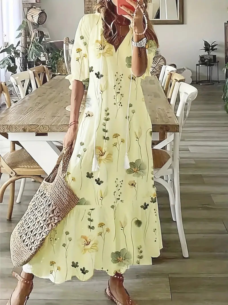 Robe Bohème Femme Charm – Élégante Robe d’Été à Volants avec Col en V & Motif Ikat