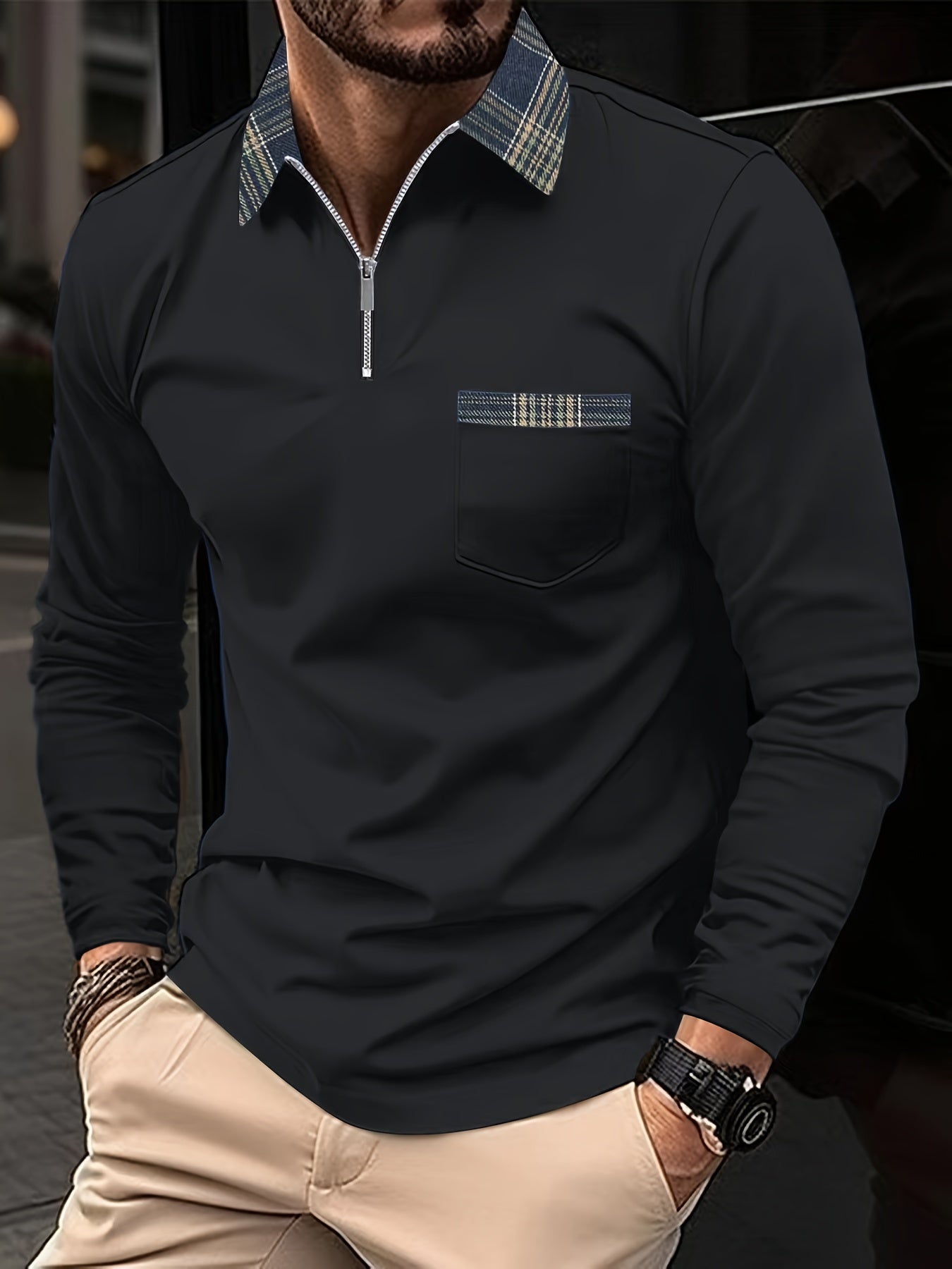 Polo a maniche lunghe Frank – Colletto con cerniera e motivo a quadri, eleganza e comfort per uomo