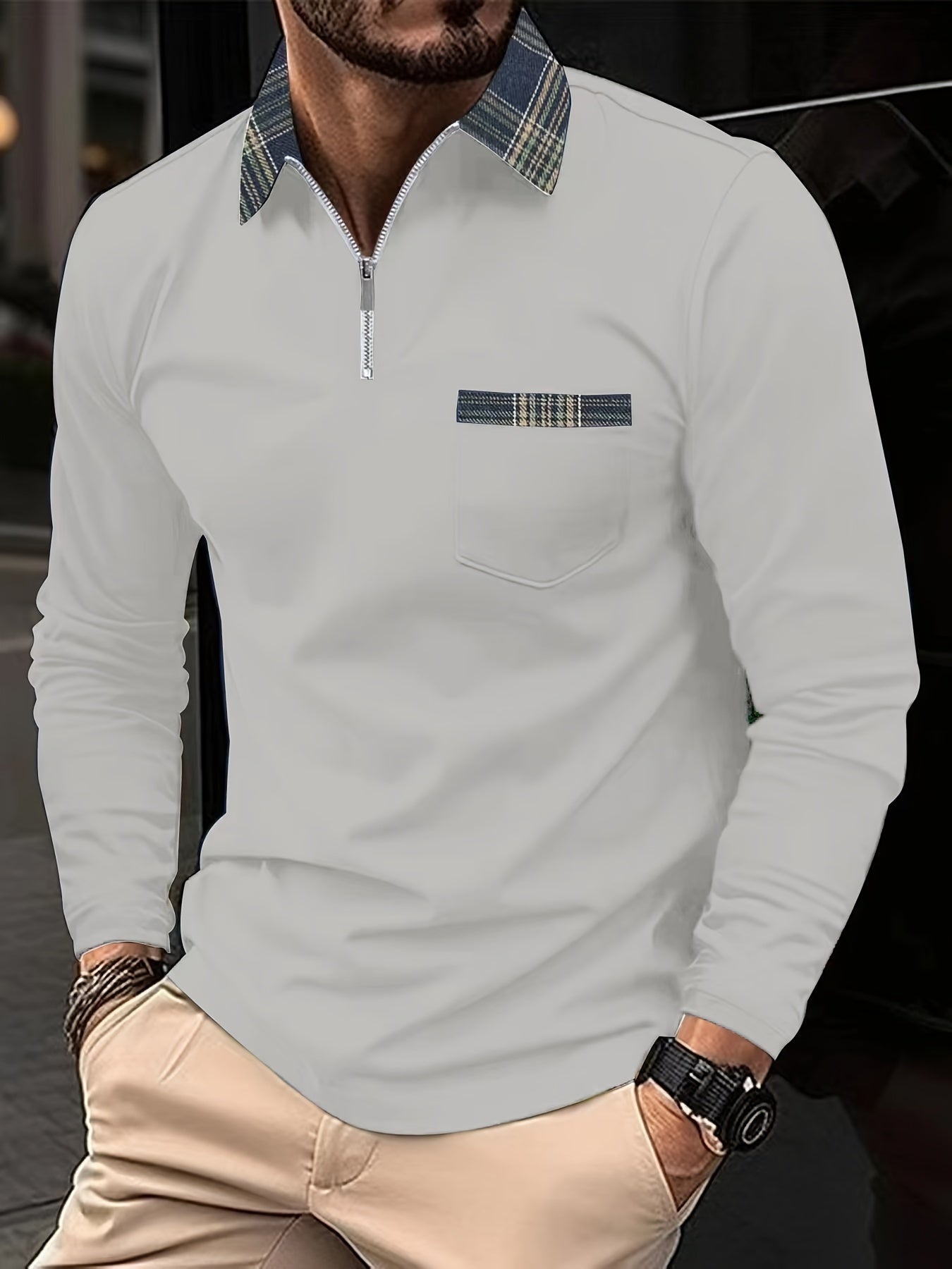 Polo a maniche lunghe Frank – Colletto con cerniera e motivo a quadri, eleganza e comfort per uomo
