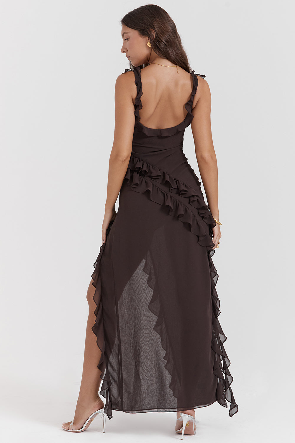 Agathe Robe Longue Femme – Robe Élégante en Georgette avec Col Bénitier & Fente Haute Chic