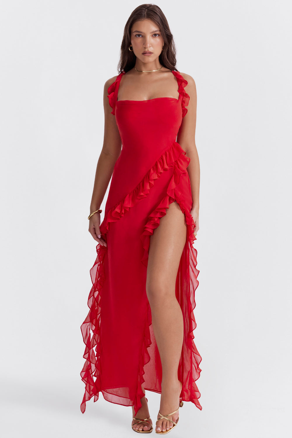 Agathe Robe Longue Femme – Robe Élégante en Georgette avec Col Bénitier & Fente Haute Chic
