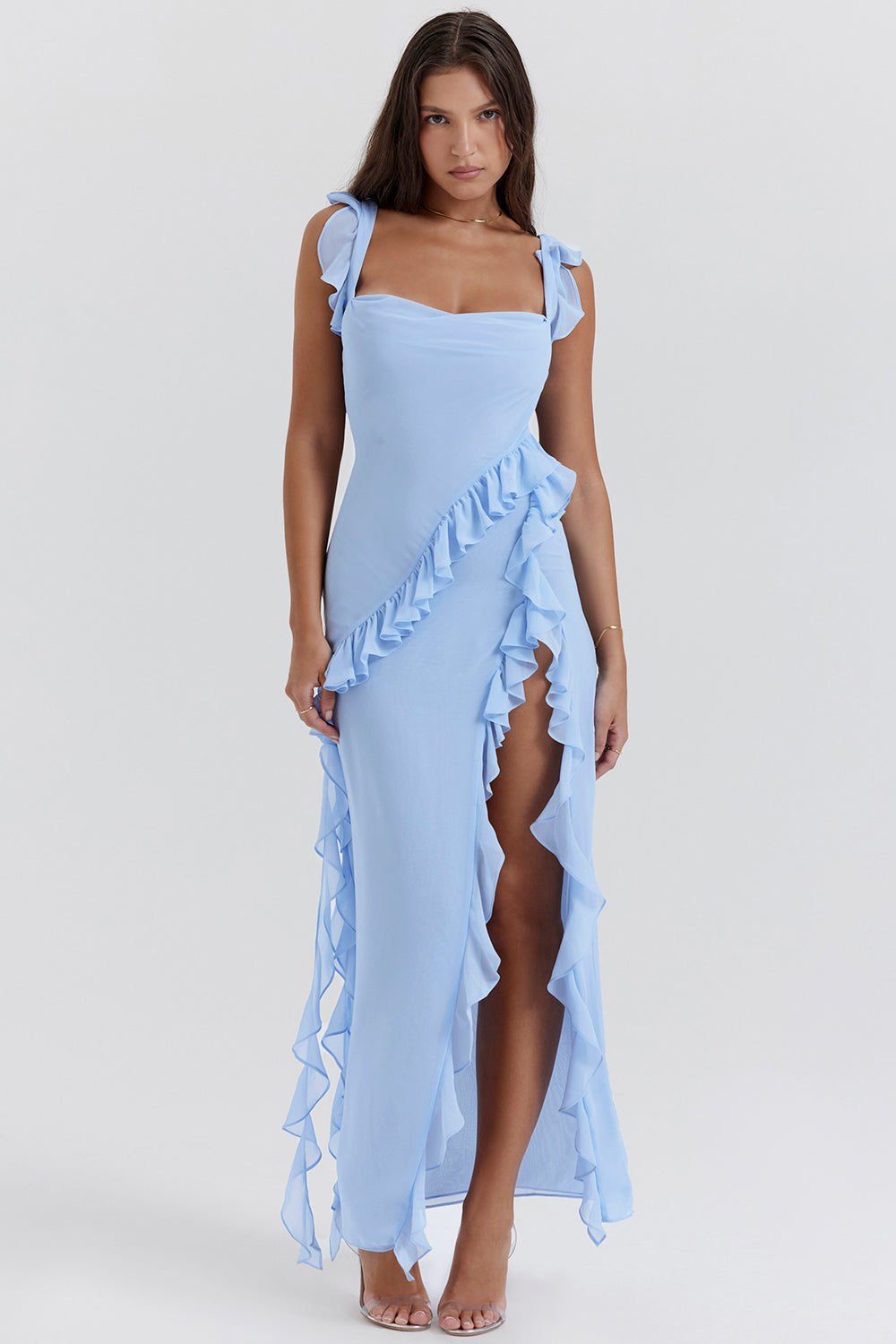Agathe Robe Longue Femme – Robe Élégante en Georgette avec Col Bénitier & Fente Haute Chic