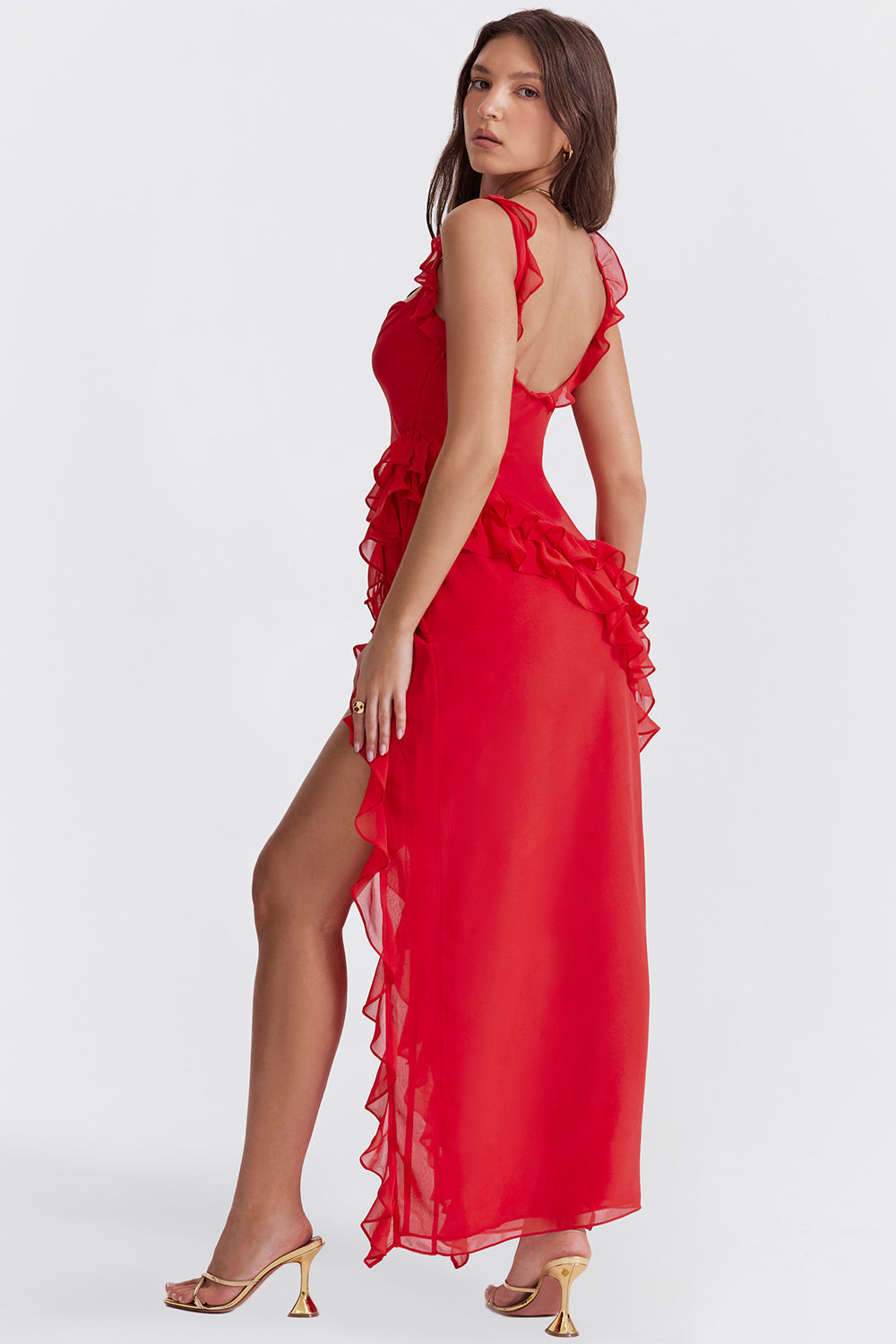 Agathe Robe Longue Femme – Robe Élégante en Georgette avec Col Bénitier & Fente Haute Chic