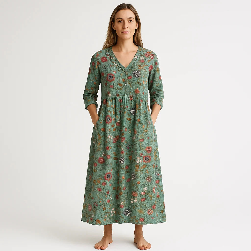 Abito lungo da donna Mila - Cotone con stampa floreale, eleganza bohémien e vestibilità ariosa