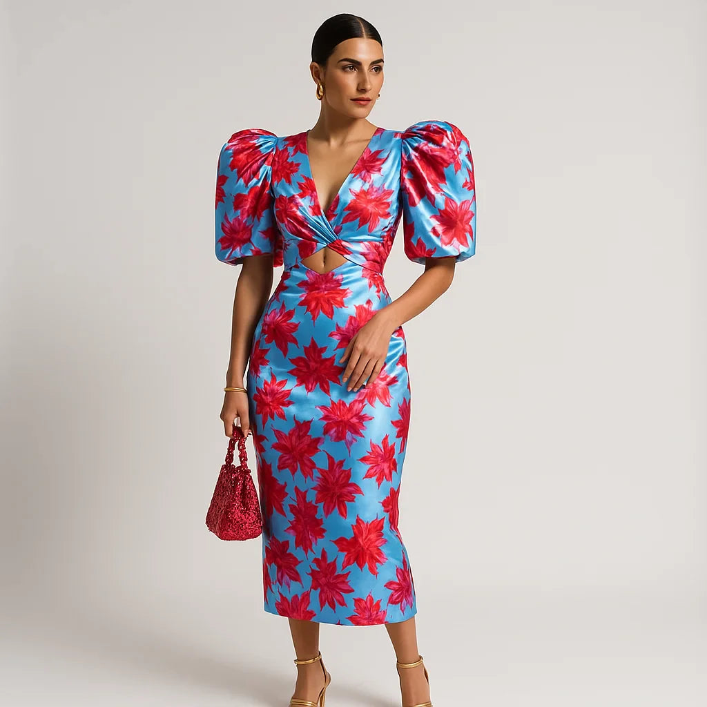 Abito stampato da donna Carol - Maniche a sbuffo, stile audace ed elegante
