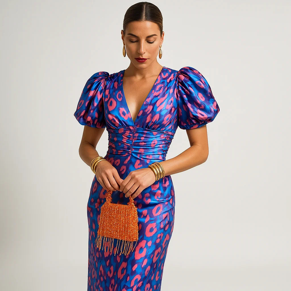 Abito stampato da donna Carol - Maniche a sbuffo, stile audace ed elegante