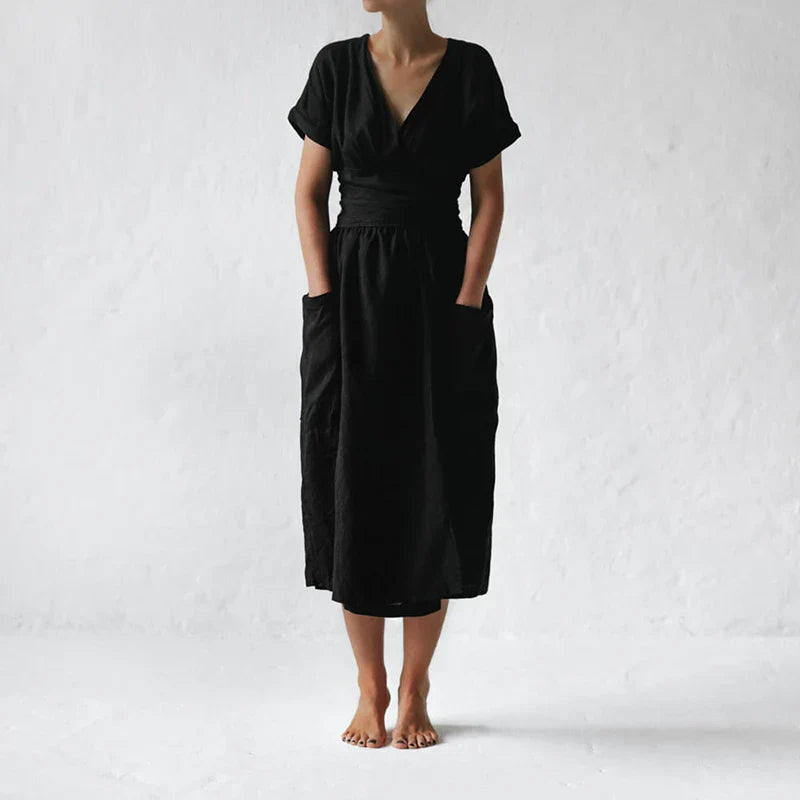 Abito in lino da donna Savannah - Abito avvolgente a maniche corte con vestibilità elegante e rilassata